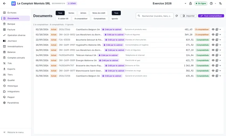 Pestaña Documentos de NovaFisko: documentos por contabilizar y contabilizados, expediente de demostración
