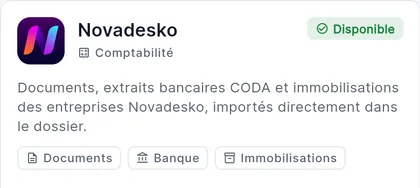 Tarjeta de Novadesko en las integraciones de NovaFisko: documentos, extractos bancarios CODA e inmovilizado