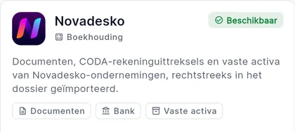 Novadesko-kaart in de integraties van NovaFisko: documenten, CODA-rekeninguittreksels en vaste activa