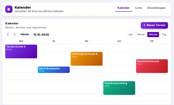 Der Novadesko-Kalender in der Wochenansicht mit Kundenterminen, einer Lieferung und einer Teambesprechung
