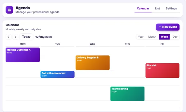 The Novadesko calendar in week view, with customer appointments, a delivery and a team meeting