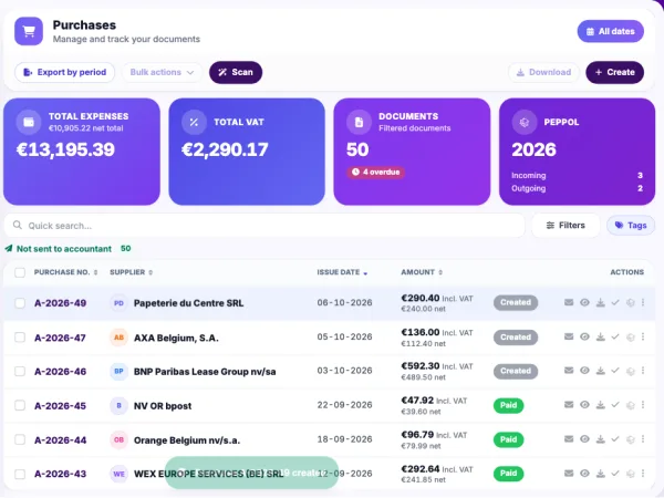 The Novadesko purchases list with spending and VAT totals