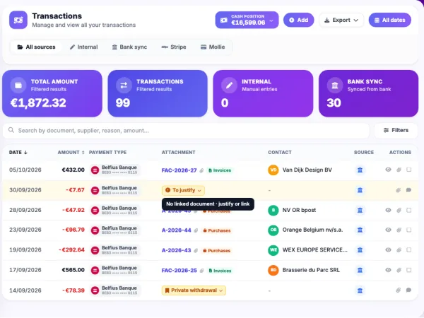 The Novadesko Transactions screen with each bank transaction matched with its invoice or purchase