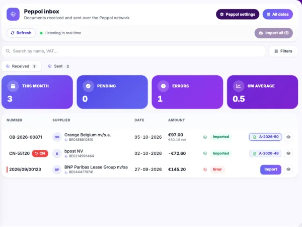 The Novadesko Peppol inbox with received supplier invoices and their import status