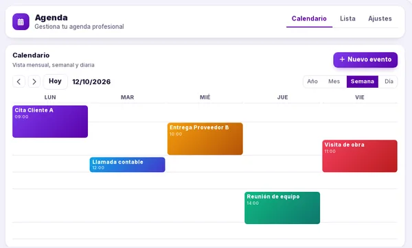 La agenda de Novadesko en vista semanal, con citas de clientes, una entrega y una reunión de equipo