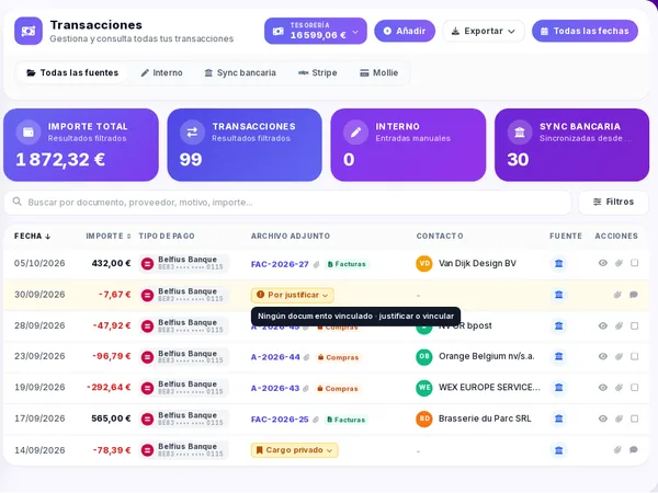 La pantalla Transacciones de Novadesko con cada movimiento bancario vinculado a su factura o a su compra