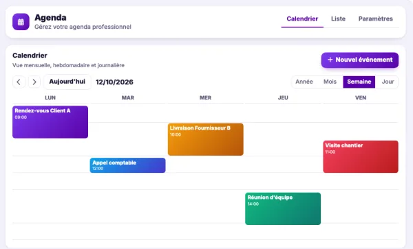 L’agenda de Novadesko en vue semaine, avec des rendez-vous clients, une livraison et une réunion d’équipe