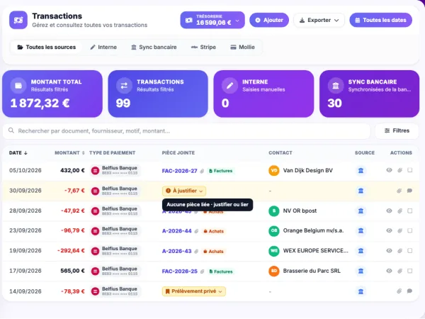 L’écran Transactions de Novadesko avec chaque mouvement bancaire relié à sa facture ou à son achat