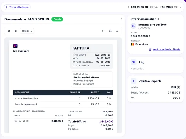 Una fattura aperta in Novadesko, con anteprima PDF, importi e scheda del cliente