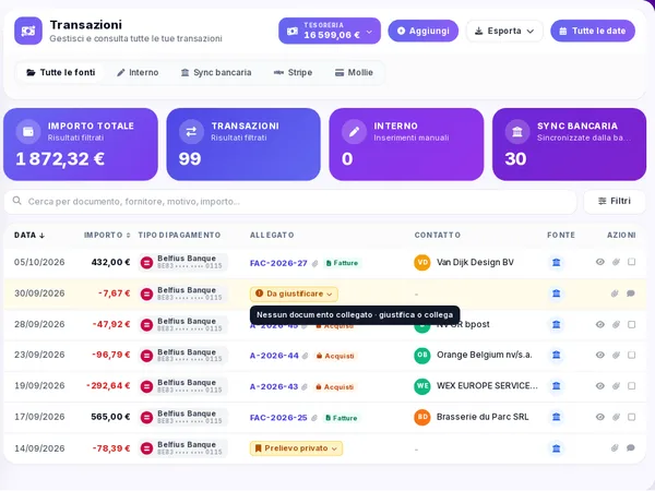 La schermata Transazioni di Novadesko con ogni movimento bancario collegato alla sua fattura o al suo acquisto