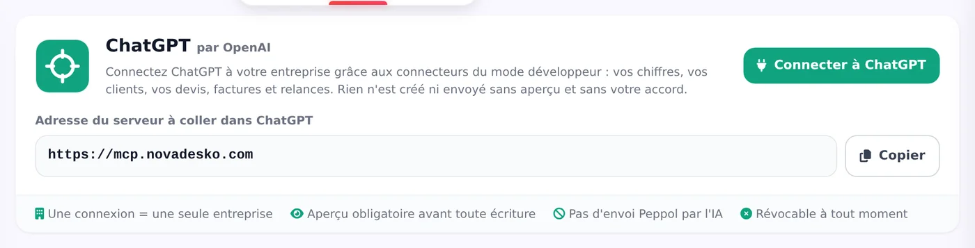 Conversation ChatGPT connectée à Novadesko, capture de l'application en français