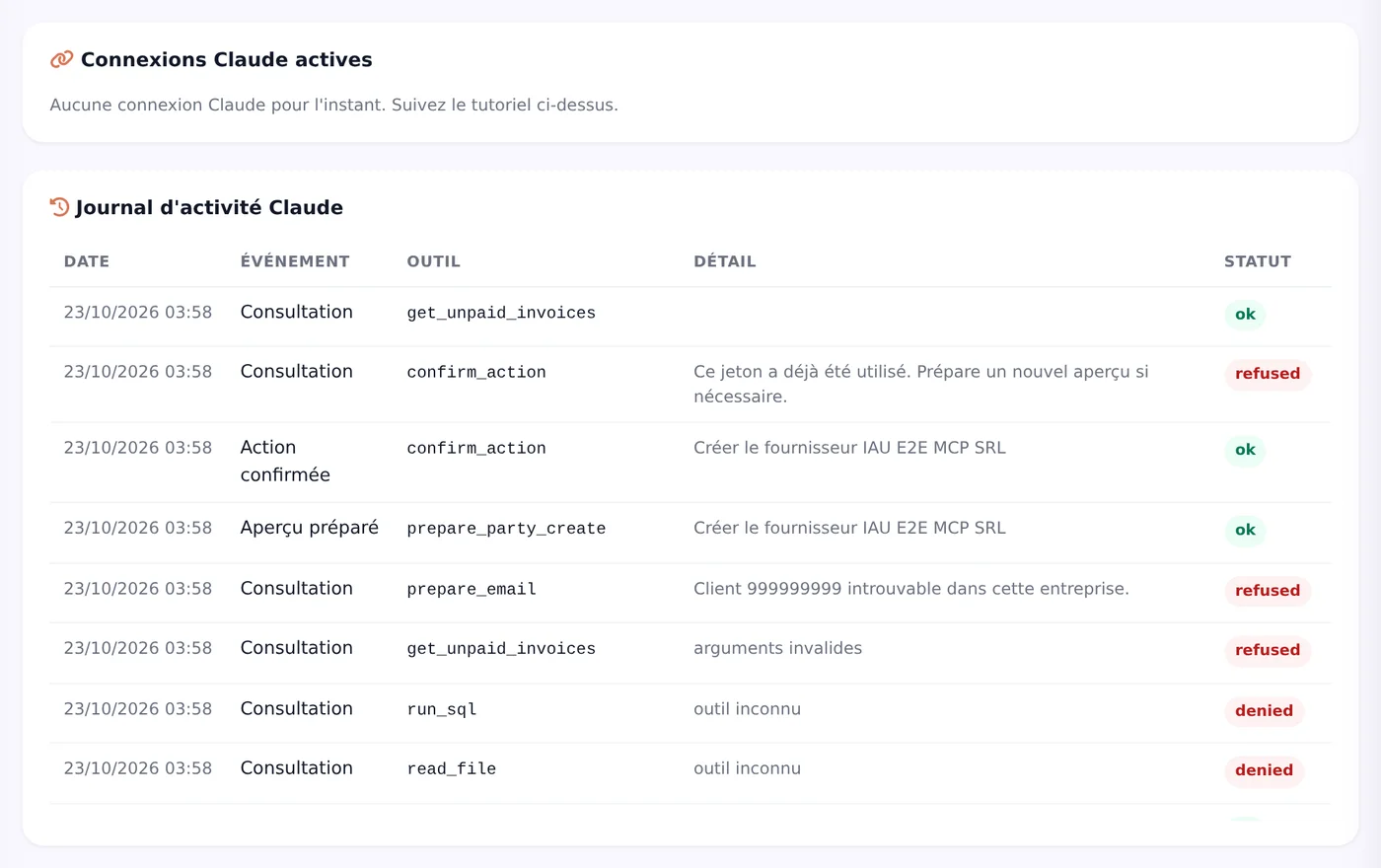 Journal des connexions IA dans Novadesko, capture de l'application en français
