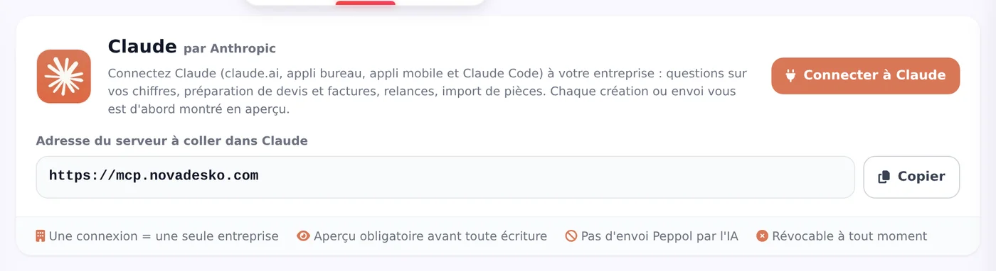 Conversation Claude connectée à Novadesko, capture de l'application en français