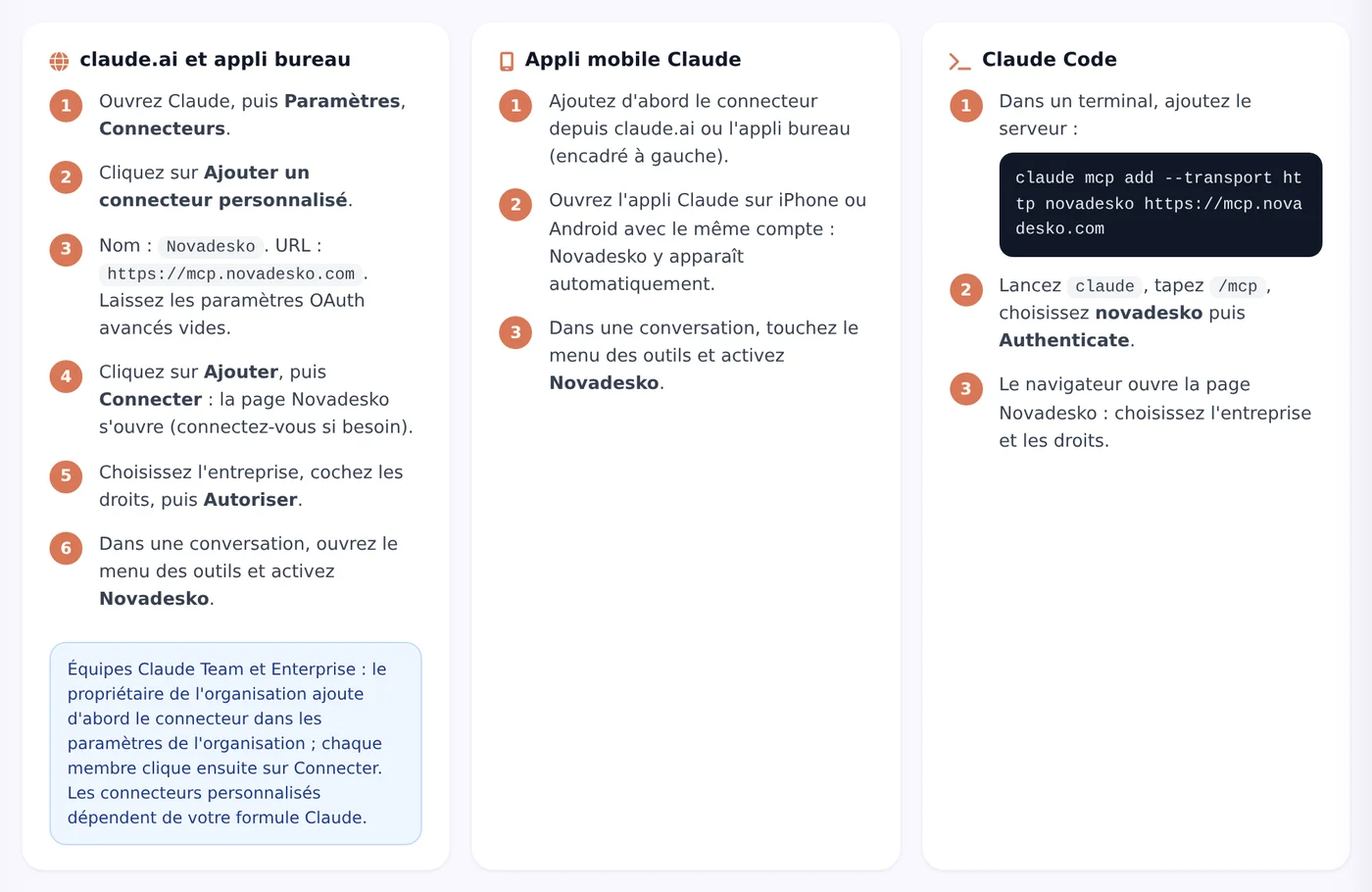 Tutoriel d'ajout du connecteur Novadesko dans Claude, capture de l'application en français