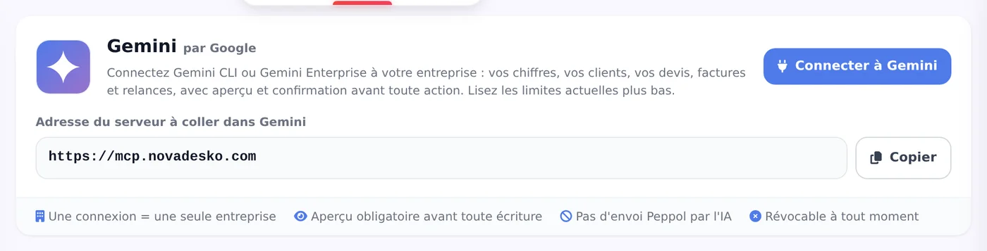 Conversation Gemini connectée à Novadesko, capture de l'application en français