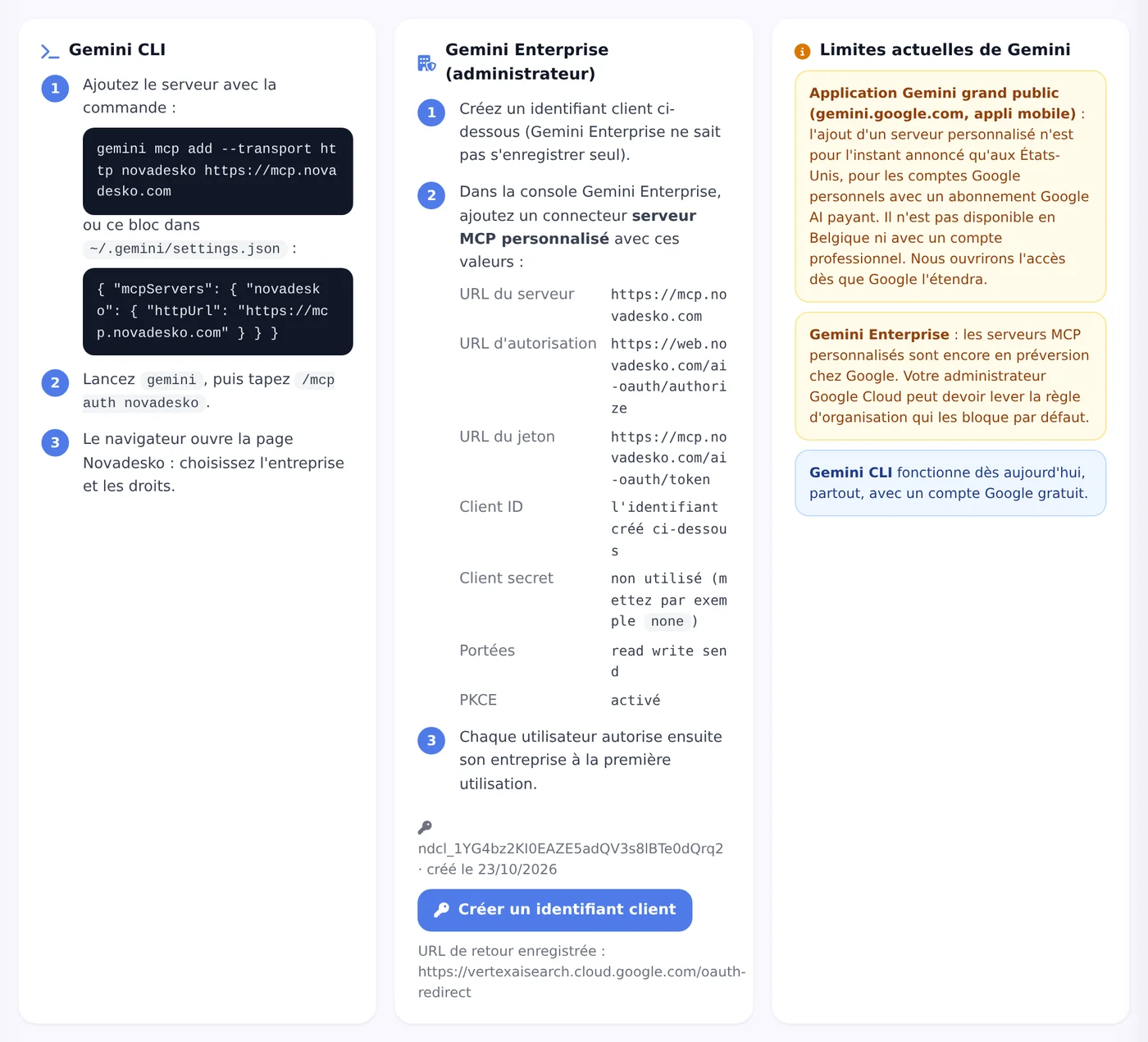 Tutoriel d'ajout du connecteur Novadesko dans Gemini, capture de l'application en français