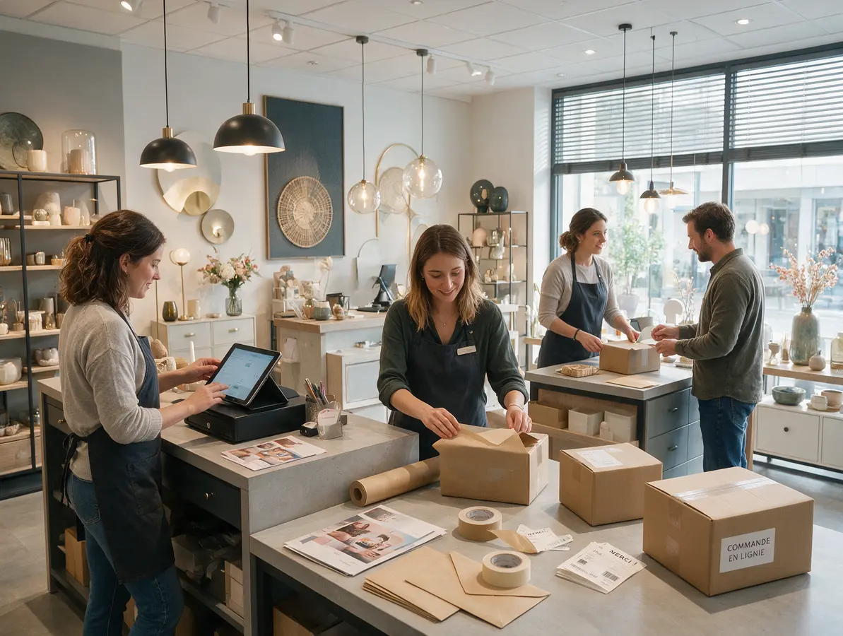 Verkoopteam in een decoratiewinkel, kassa op tablet en pakketten die worden klaargemaakt