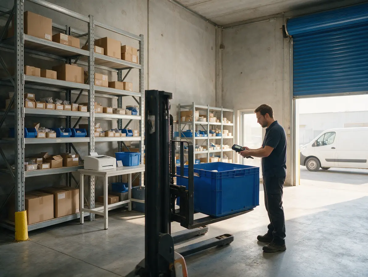 Medewerker die een doos scant in een KMO-magazijn, met een bestelwagen op de achtergrond
