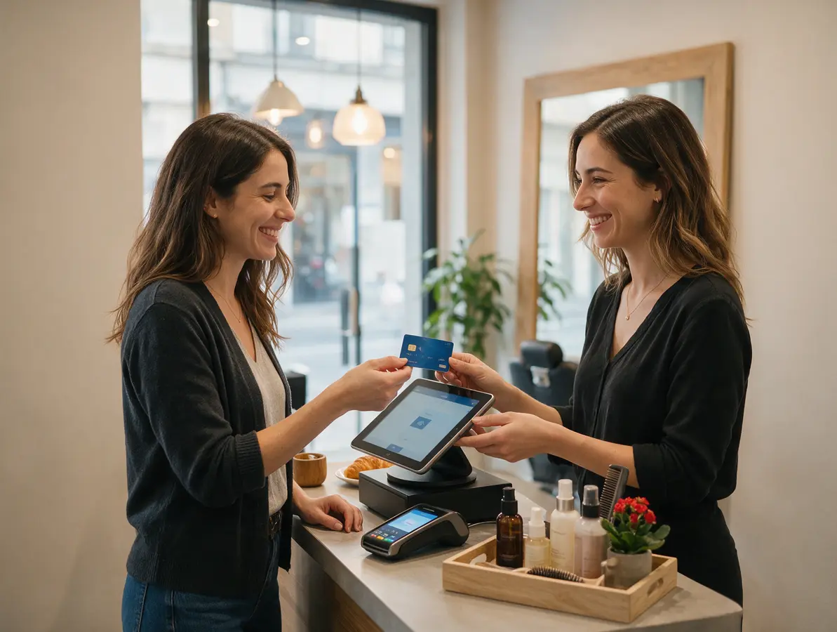 Kapster die een klante afrekent op een tablet aan de balie van haar salon