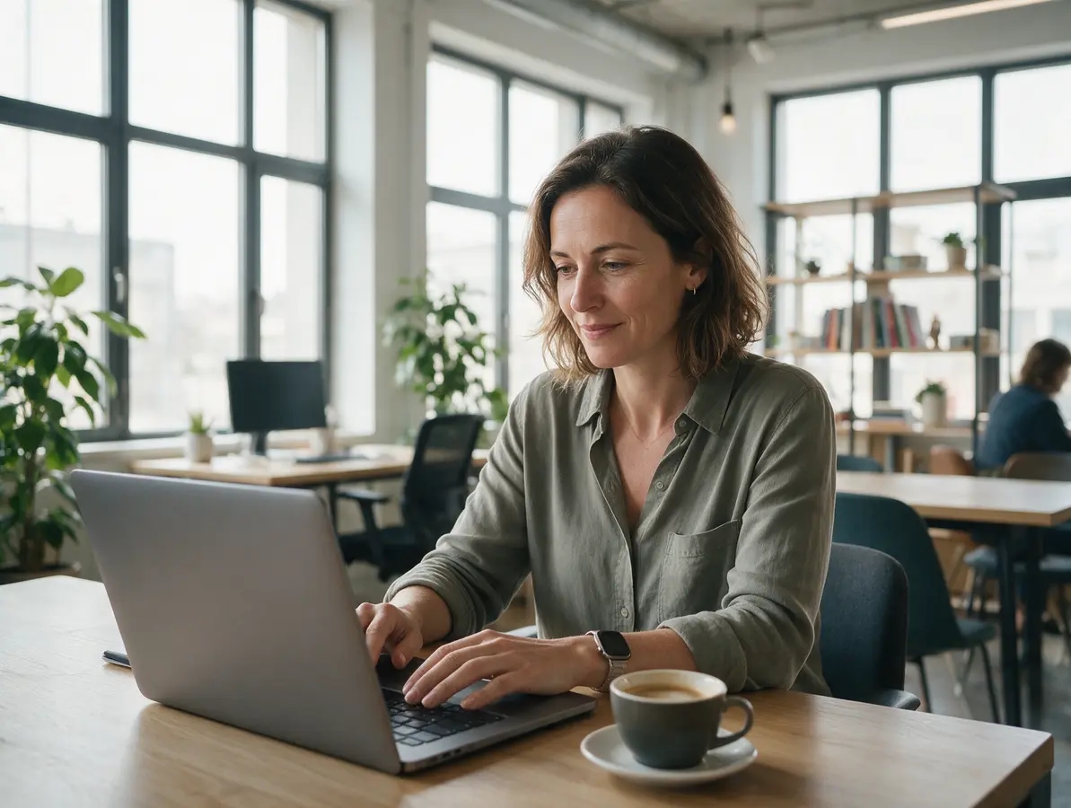 Consultante die op haar laptop werkt in een lichte coworkingruimte
