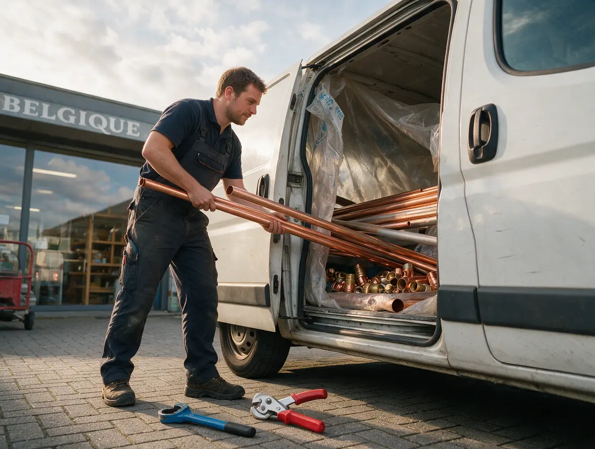 Loodgieter die buizen en koppelstukken in zijn bestelwagen laadt voor een bouwmaterialenhandel
